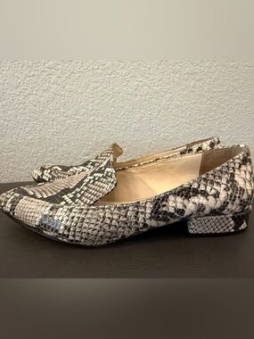 Katherine Kelly Pointed Snake-Print Slip-On Flats in Black and Cream